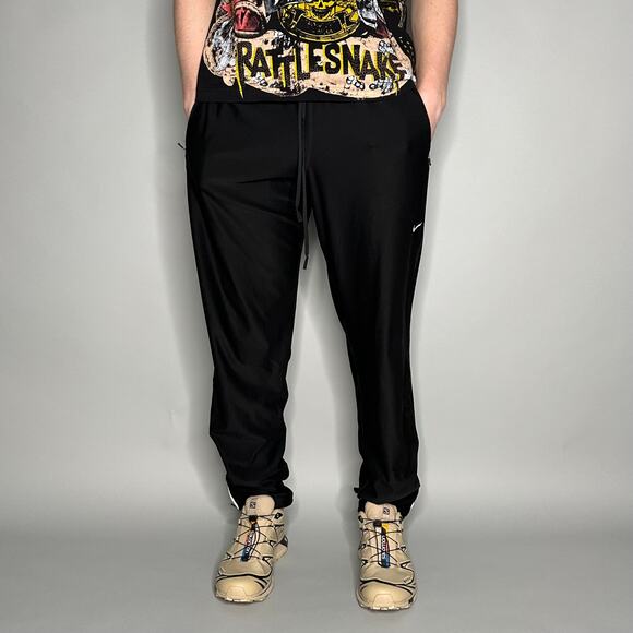 Nike Sweatpants Jet Black Polyester Joggers White Swoosh Ankle Zippers Dri Fit - Picture 2 of 4